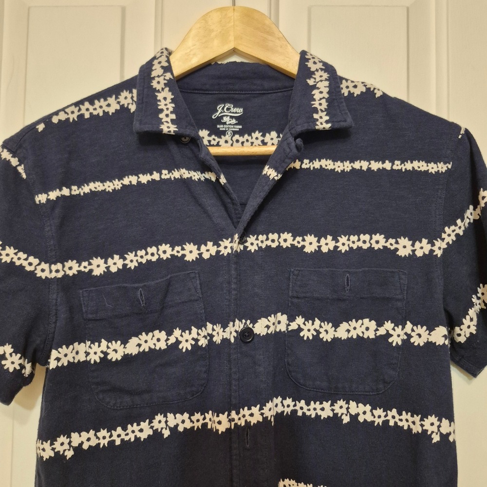 J.Crew Mens Slub Cotton Floral Stripe Short Sleeve Button Down Shirt Navy Small